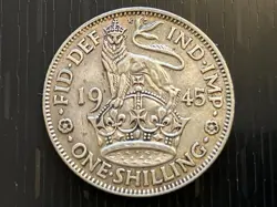 WW2 1945 GEORGE VI ENGLISH ONE SHILLING COIN - 50% SILVER  CONTENT  SHARP DETAIL