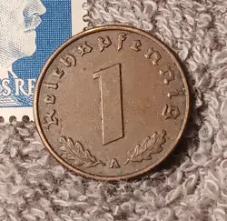 1937 1 REICHSPFENNIG ~ WW2 GERMANY,  BRONZE CIRCULATED COIN +20PF BLUE STAMP