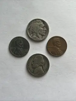 35% SILVER WAR NICKEL BUFFALO NICKEL WW2 STEEL WHEAT CENT, & WHEAT CENT! 4 COINS