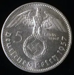1937 - A GERMAN 90% SILVER 5 MARKS, LUSTEROUS, WW2