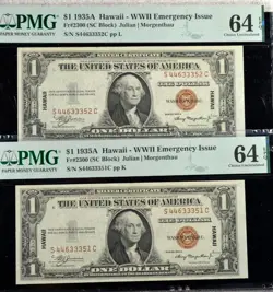 PAIR OF (2) SEQUENTIAL $1 1935A SC HAWAII WW2 EMERGENCY ISSUE BOTH PMG 64 EPQ