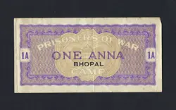 BRITISH INDIA WW2-PRISONER OF WAR P.O.W. -BHOPAL CAMP ONE  ANNA 1A  VERY RARE