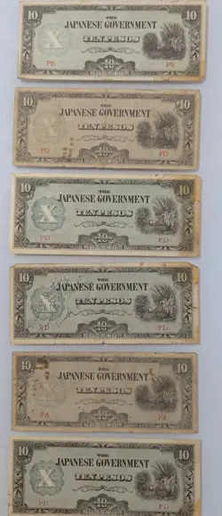 LOT OF 6 WW2 1942 JAPAN BANKNOTE 10 TEN PESOS PHILIPPINES PAPER CURRENCY PE & PD