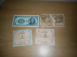 VINTAGE WW2 ERA CURRENCY. 2X ITALY. 1X LEBANON. 1XCHINA. DAMAGED. 4 TOTAL(E4)
