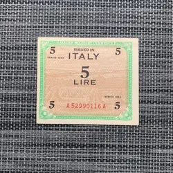 WW2 ITALIAN 5 LIRE 1944 ALLIED OCCUPATION CURRENCY ITALY BANKNOTE WWII WW2 NOTE