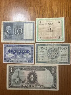 ITALY JAPANESE FRANCE PESOS WW2 CIRCULATED BANKNOTES BILLS 5 CINQ FRANCS DIECI