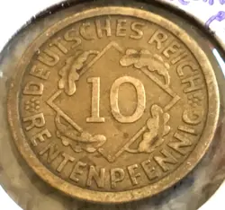 1924-A GERMANY WEIMAR REPUBLIC 10 RENTENPFENNIG PRE-WW2 COIN, KM #33