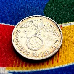 1938 J 5 MARK WW2 GERMAN SILVER COIN THIRD REICH  REICHSMARK RAINBOW TONED