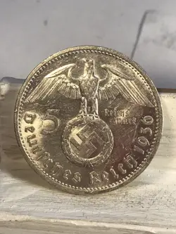 1936 G 5 MARK GERMAN WW2 SILVER COIN THIRD REICH - HIGH GRADE W/LUSTER!