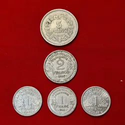 5 FRANCE COIN LOT 1941, 1943, 1945, 1947 WW2 OCCUPATION & VICHY