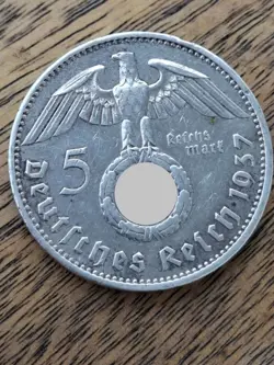 VINTAGE THIRD REICH WW2 GERMAN 5 REICHSMARK PAUL VON HINDENBURG  SILVER COIN