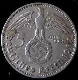 1937 - D GERMANY SILVER 5 MARKS, WW2 ERA, 90% SILVER