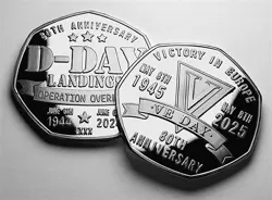 PAIR OF D-DAY & VE DAY 80TH ANNIVERSARY COMMEMORATIVE COINS. 1944-45 WW2. SILVER