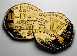 PAIR OF D-DAY & VE DAY 80TH ANNIVERSARY COMMEMORATIVE COINS. 1944-45. WW2. GOLD.