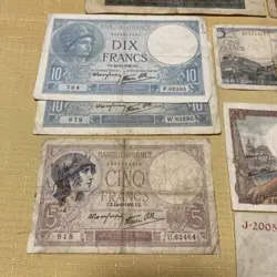 LOT OF WW2 PAPER MONEY FRENCH AND GERMAN 9 BILLS, AUTHENTIC