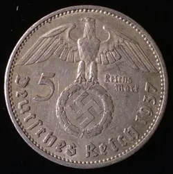 1937 - A GERMANY SILVER 5 MARKS, WW2, PAUL VON HINDENBURG