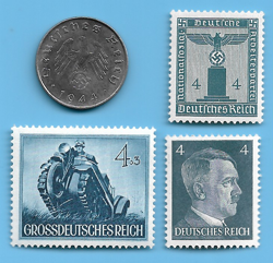 GERMANY WW2 1944 A 10 RPF SWASTIKA COIN & HITLER SWASTIKA STAMP LOT WW2 ERA #90