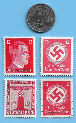 GERMANY WW2 1942 F 5 RPF SWASTIKA COIN & HITLER SWASTIKA STAMP LOT WW2 ERA #90