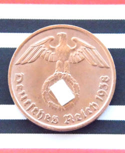 GERMAN COIN 1938 D 2 REICHSPFENNIG SWASTIKA COPPER 3RD REICH WW2 + UNC + PFENNIG