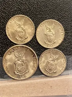 PHILIPPINES 1944 D ~ ONE SILVER 20 CENTAVOS AND THREE 10 CENTAVOS. WW2