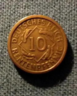 RARE 1924-A GERMANY WEIMAR REPUBLIC 10 RENTENPFENNIG PRE-WW2 COIN