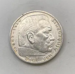 1939 J WW2 GERMAN 5 REICHSMARK COIN THIRD REICH, SWASTIKA