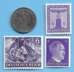 GERMANY WW2 1940 F 10 RPF SWASTIKA COIN & HITLER SWASTIKA STAMP LOT WW2 ERA #92