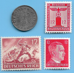 GERMANY WW2 1940 F 10 RPF SWASTIKA COIN & HITLER SWASTIKA STAMP LOT WW2 ERA #72
