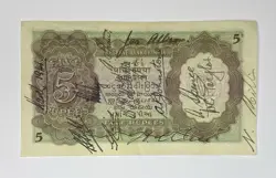 1937 J.B TAYLOR - 5 RUPEES INDIA BANKNOTE SHORT SNORTER SIGNED & DATED 1941 -WW2