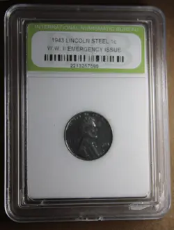 * 1943  USA EMERGENCY ISSUE STEEL WHEAT CENT WORLD WAR 2 INB  SLABBED #ZBF20