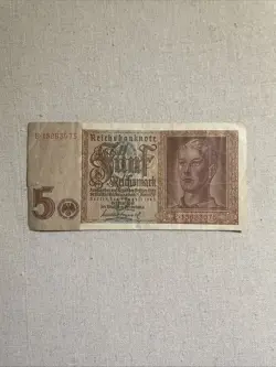 WWII WW2 MEMORABILIA 1942 5 MARK BANKNOTE GERMAN CURRENCY GERMANY