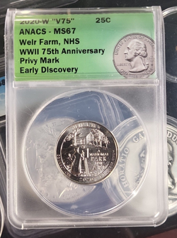 2020 W 'V75' ANACS MS67 WEIR FARM CONNECTICUT QUARTER WITH WW2 PRIVY MARK