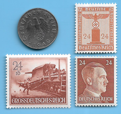 GERMANY WW2 1940 J 10 RPF SWASTIKA COIN & HITLER SWASTIKA STAMP LOT WW2 ERA #98