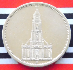GERMAN COIN 1934 A 5 REICHSMARK POTSDAM GARRISON CHURCH SILVER 3RD WW2 MARK NICE