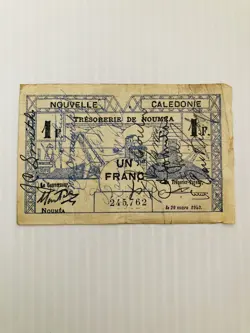 NEW CALEDONIA NOUMEA 1 FRANC 1943 WORLD WAR 2 SHORT SNORTER RARE