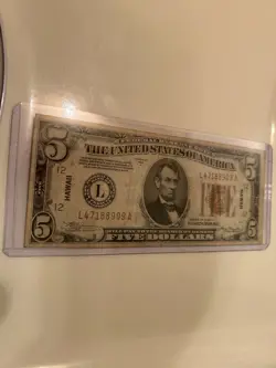 1934A WORLD WAR 2 HAWAII 5 DOLLAR BILL