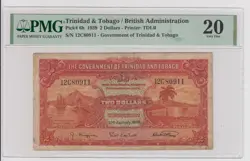 TRINIDAD & TOBAGO  2 DOLLAR 1942 P6B VF PMG WW2 ISSUE HARBOR PALM UNICORN BOAT
