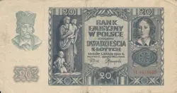 CURRENCY GERMANY POLAND 1940 WW2 THIRD REICH OCCUPATION 20 ZLOTY CIRCULATED POOR
