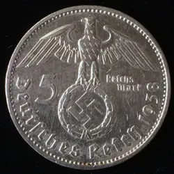 1938 A GERMAN 90% SILVER 5 MARKS, WORLD WAR 2 ERA