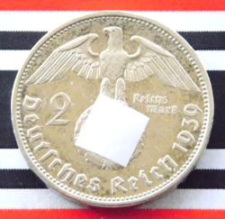 GERMAN 2 REICHSMARK 1939 E HINDENBURG SILVER COIN THIRD REICH WW2 + RARE + MARK