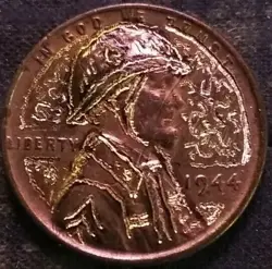 HOBO NICKEL HAND CARVED ORIGINAL BY J&M TARANTULA. 1944 WHEAT PENNY WW2 INFANTRY