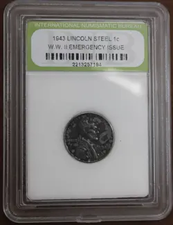 * 1943  USA EMERGENCY ISSUE STEEL WHEAT CENT WORLD WAR 2 INB  SLABBED #PQT08