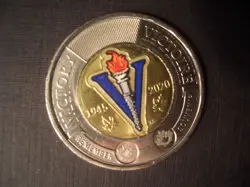 2020 $2 TOONIE TWONIE TWOONIE, VICTORY WW2, 1945, REMEMBRANCE SOUVENIR, COLOUR