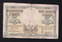 ALBANIA ---WW2 --- 5  LEK  1940--- VG -- RARE ---