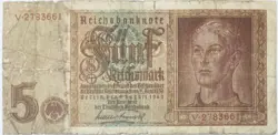 1942 NAZI GERMANY OLD 5 GERMAN MARKS BANKNOTE WW2 ISSUE SWASTIKA REICHSMARK