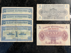 WW2 1944 AUSTRIAN CURRENCY - SCHILLINGS (LOT OF 6) ALLIED OCCUPATION BANKNOTES