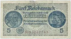 1943 GERMANY OLD 5 GERMAN MARKS BANKNOTE WW2 NAZI ISSUE SWASTIKA REICHSMARK