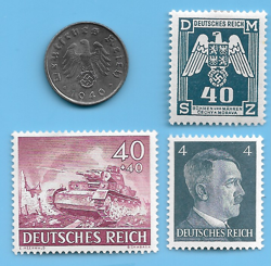 GERMANY 1940 G 5 RPF SWASTIKA COIN & HITLER SWASTIKA STAMP LOT  WW2 ERA #1