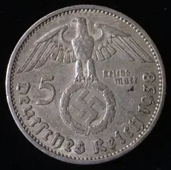 1938 - A GERMANY SILVER 5 MARKS, WORLD WAR 2