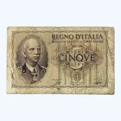 1940 ITALY 5 ITALIAN LIRA LIRE WW2 BANKNOTE KING VITTORIO EMANUELE III EUROPE